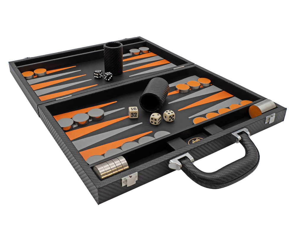 Juego de backgammon plegable de cuero sintético de Italfama en negro y naranja