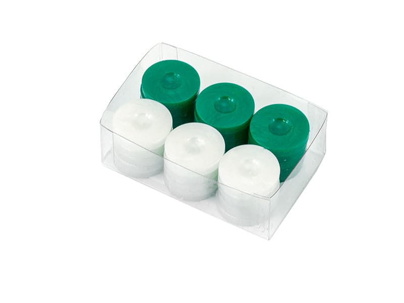 Value Backgammon Stones in Green & White, 15 vivid green and 15 pearl-like finish plastic stones in a clear acetate box. 26mm counters.