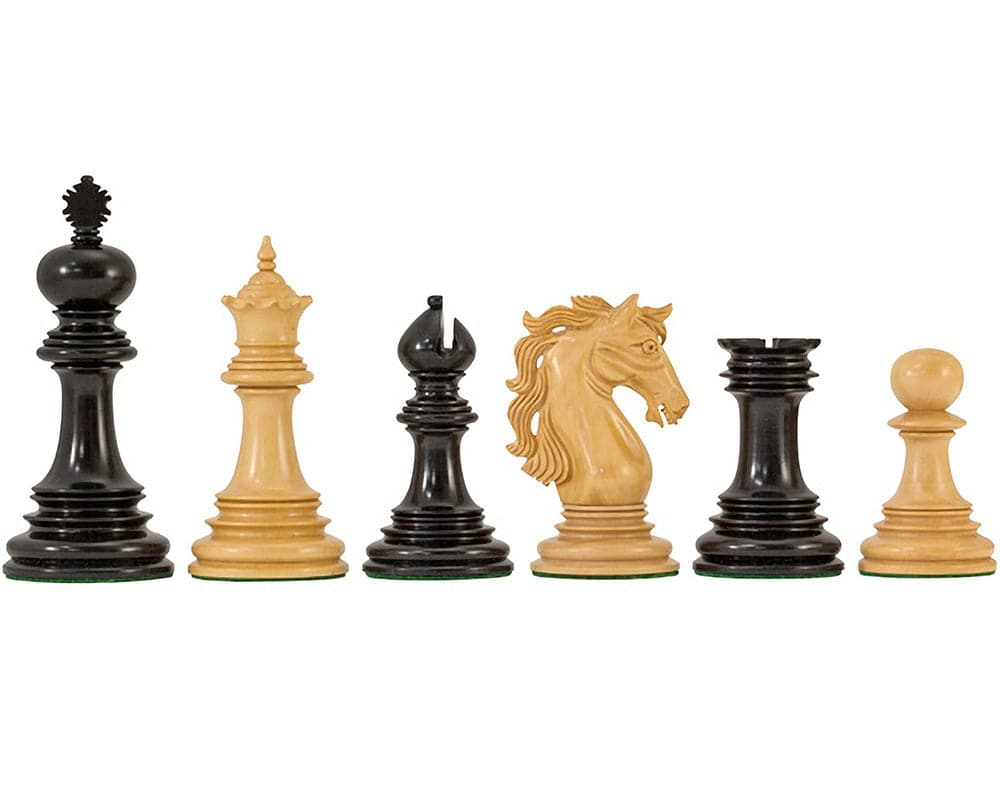 Constantine Luxury Ebony Chess Pieces: 4.5 inch king, additional queens, billiard cloth bases, expertly crafted, stunning detail.