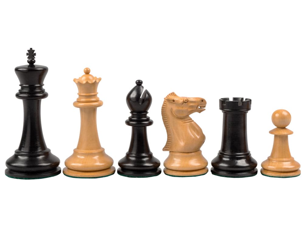 Reproduction Staunton Ebony Chessmen 1869 Model 4 inch Kingsclere Ebony Walnut Luxury Chess Set pieces on display