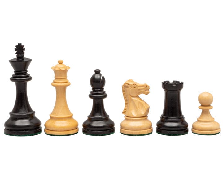 British Ebonised Chess Men set in traditional Staunton design with 3.5 inch king, felted and weighted, includes two additional queens