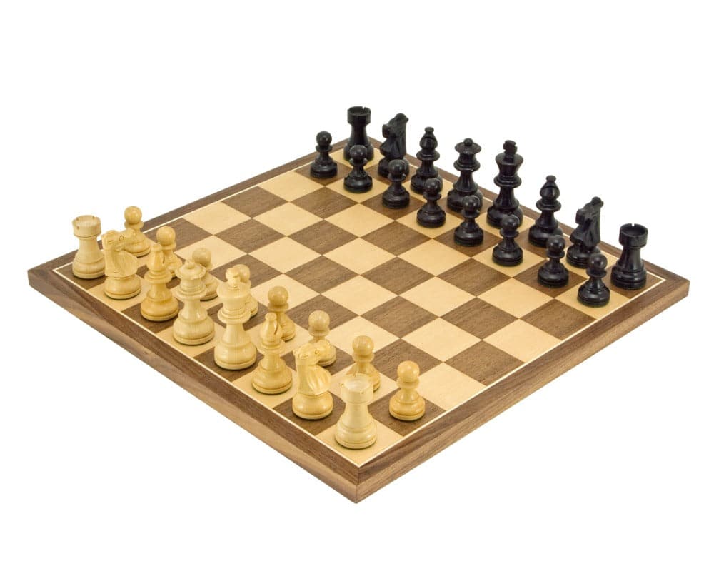 French Knight Ebonised Classic Chess Set featuring walnut board with Staunton chess pieces, showcasing high-quality and stylish design.