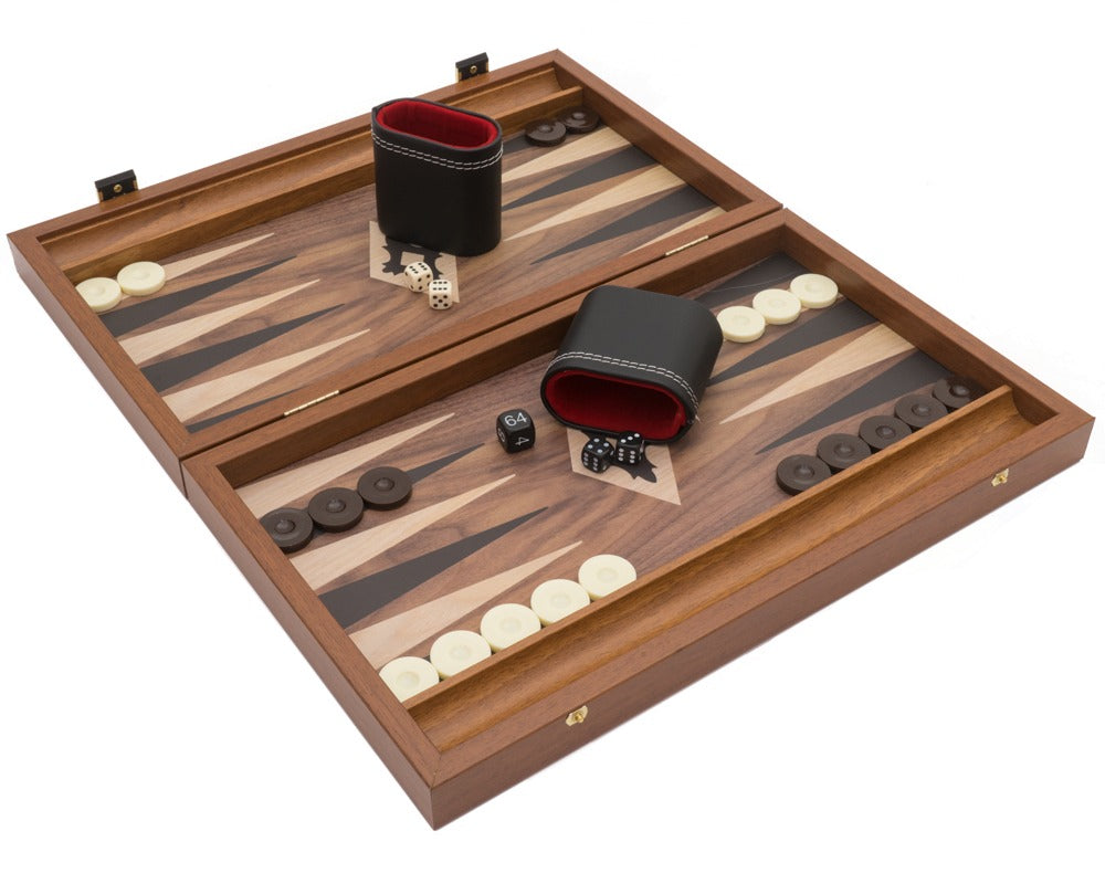 Juego de backgammon compacto Manopoulos Walnut Black and Oak Club con copas de vinilo de lujo