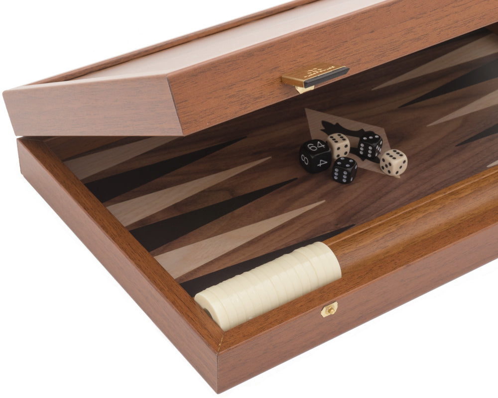 Juego de backgammon compacto Manopoulos Walnut Black and Oak Club con copas de vinilo de lujo