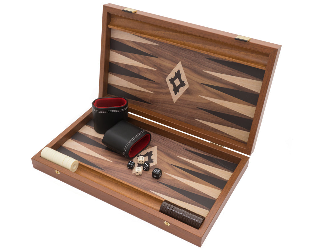 Juego de backgammon compacto Manopoulos Walnut Black and Oak Club con copas de vinilo de lujo