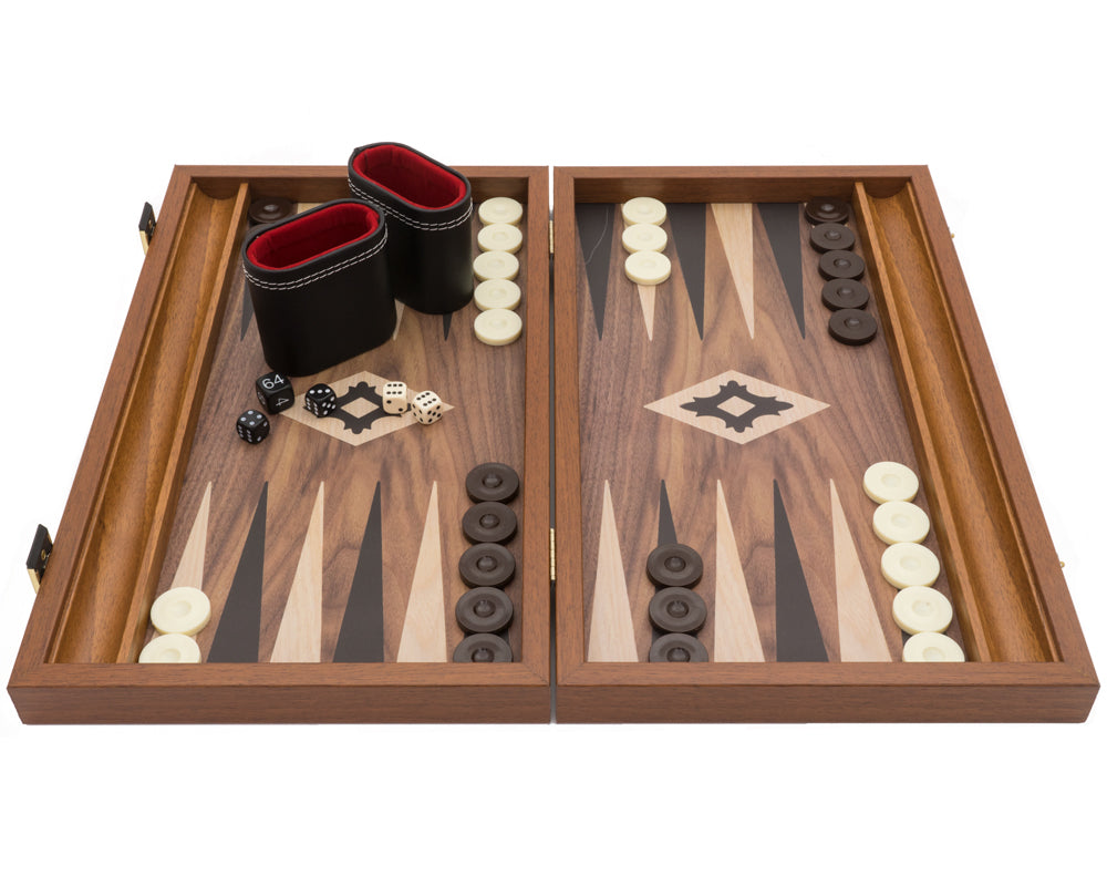 Juego de backgammon compacto Manopoulos Walnut Black and Oak Club con copas de vinilo de lujo