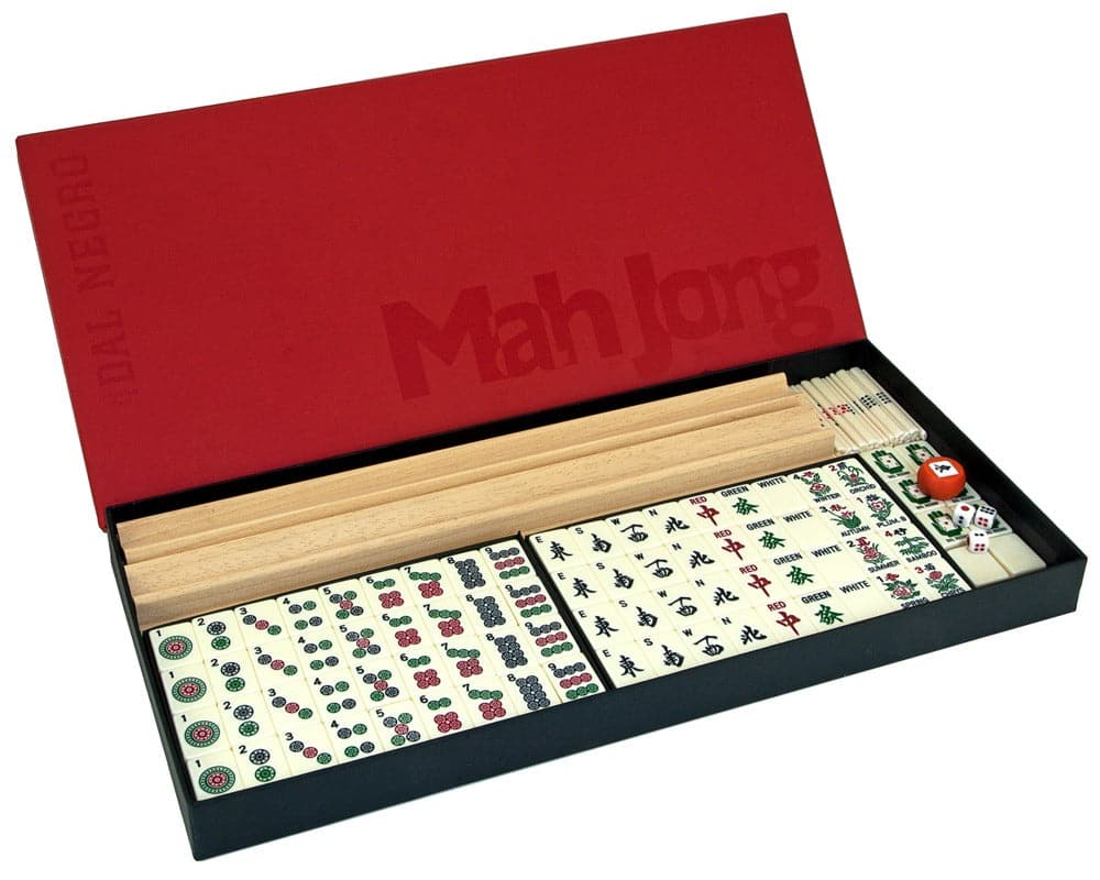 Dal Negro Deluxe Mah Jong Set - US Version with wooden tile racks and robust playing tiles in open red box from Italy.