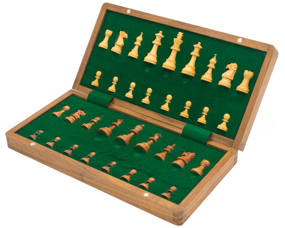 Deluxe hardwood folding travel 14 inch chess set with magnetic pieces in an open case showing green interior and intricately crafted chess pieces.