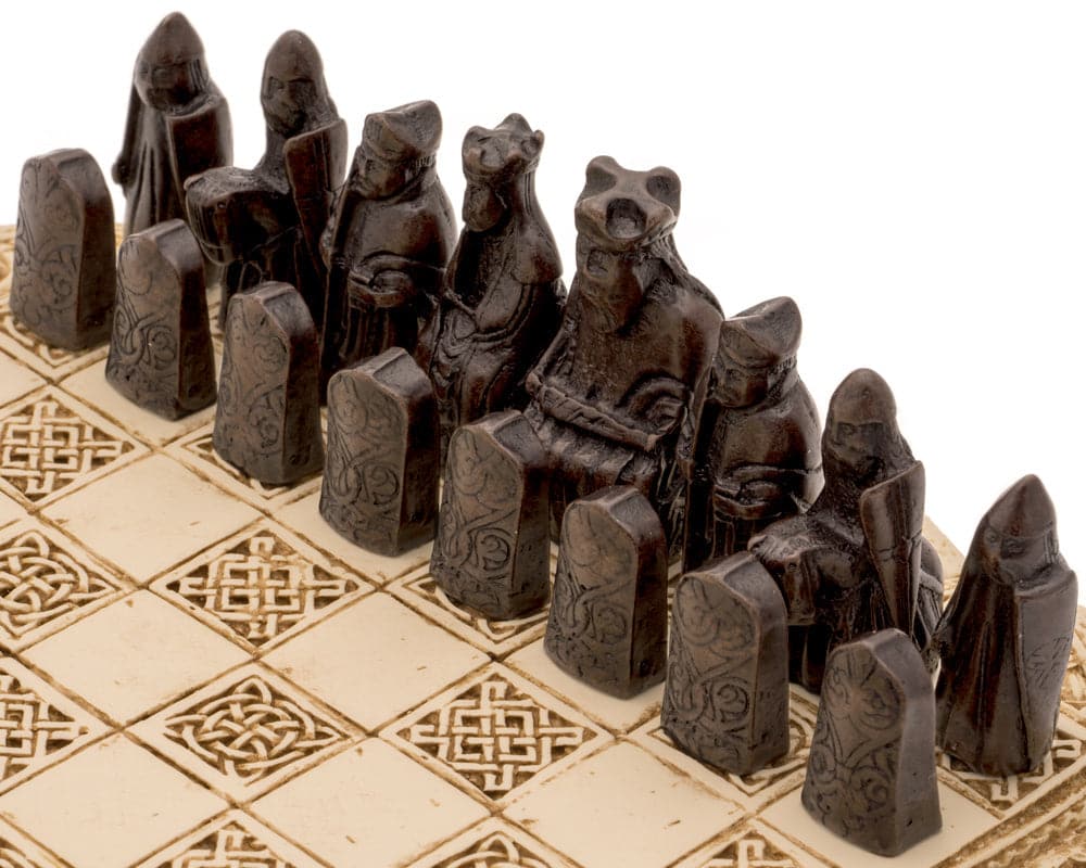 Isle of Lewis Compact Celtic Chess Set 9 Inches in Ivory with handcrafted chessmen on intricately designed stoneware board.