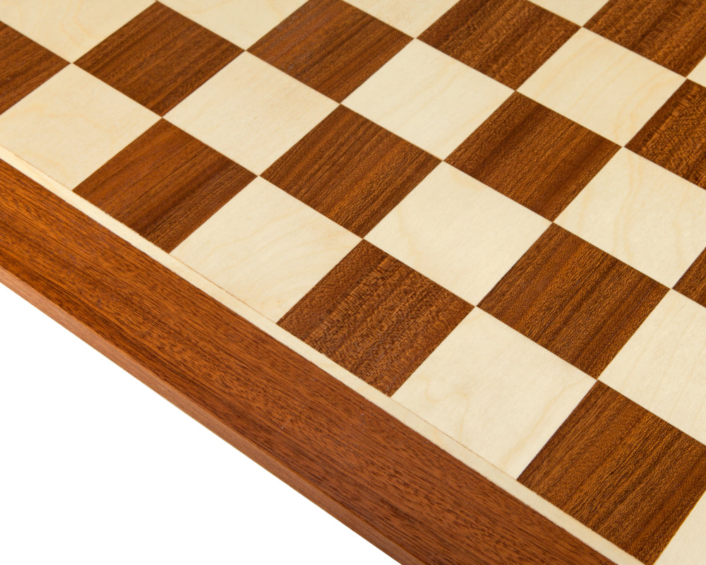 Close-up of 21.3 inch mahogany and birch inlaid chess board, showing fine craftsmanship and 2.3 inch playing squares.