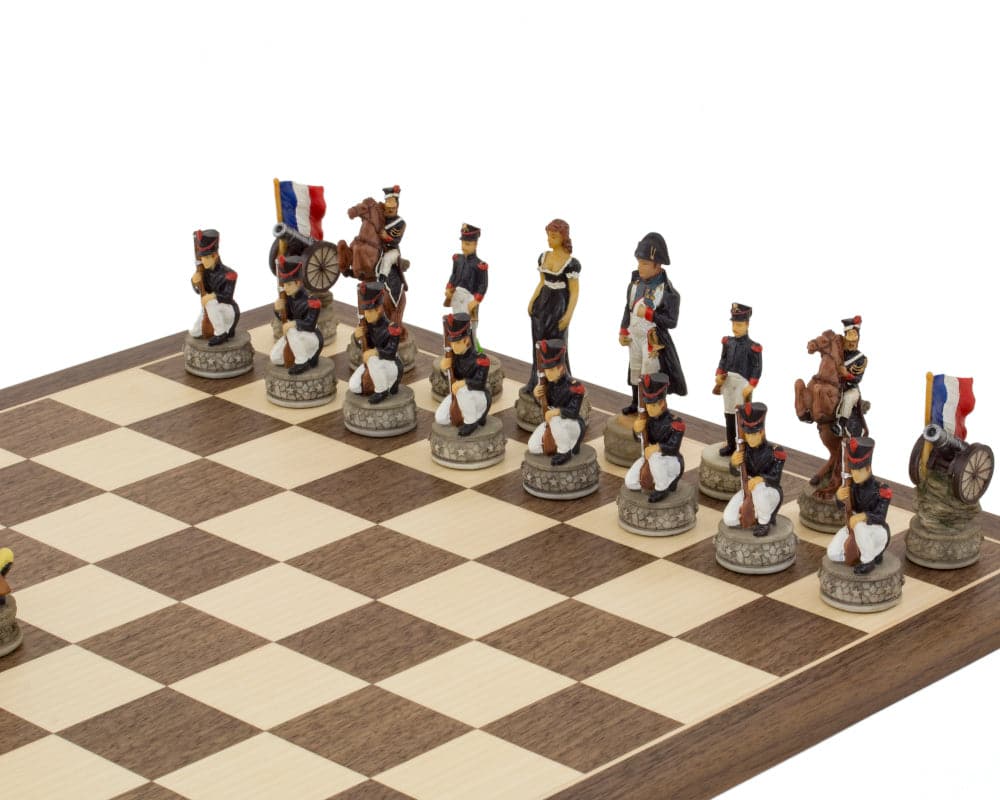 Battle of Waterloo hand painted historical themed chess pieces set by Italfama featuring French and British army figures.