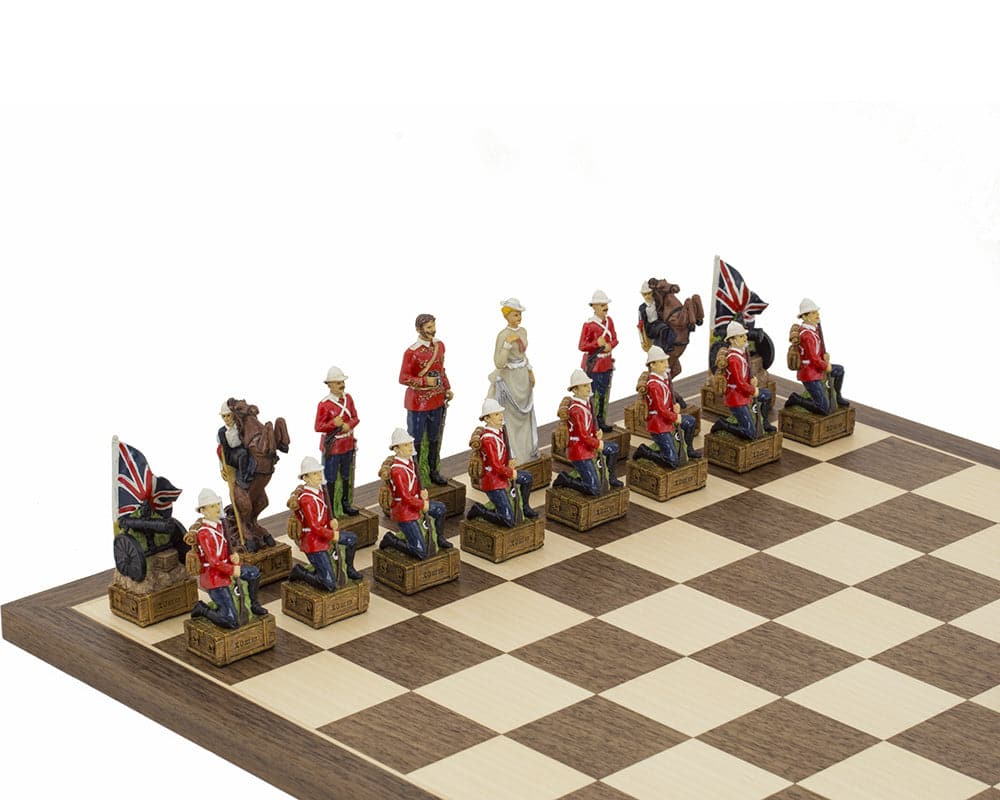 Hand painted British themed chess pieces by Italfama on a chessboard, featuring detailed and ornate designs from British history.