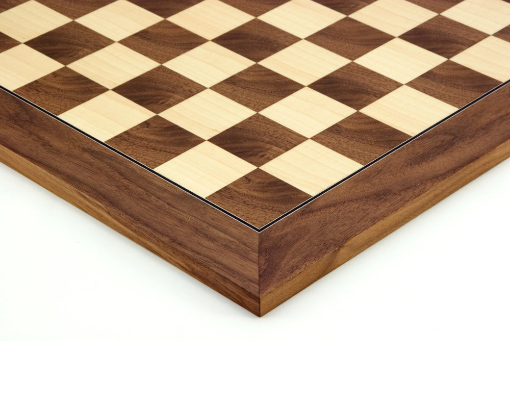 17.75 inch deluxe walnut and maple chess board with 1.75 inch squares, crafted by Rechapados Ferrer S.A. of Spain.