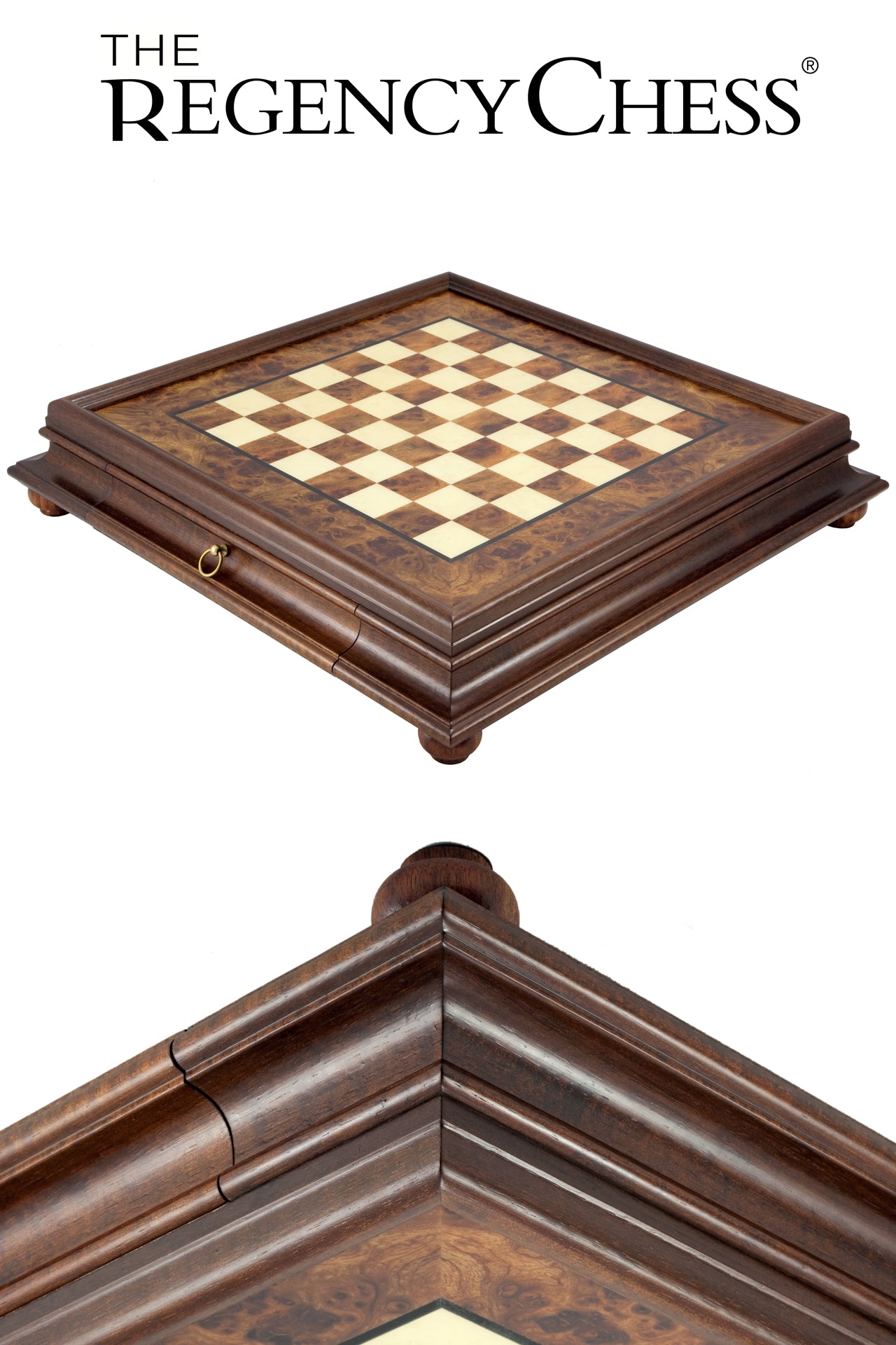 20.6 Inch Briarwood and Elm Chess Cabinet with Drawer from Italfama, featuring intricate detailing and substantial construction.