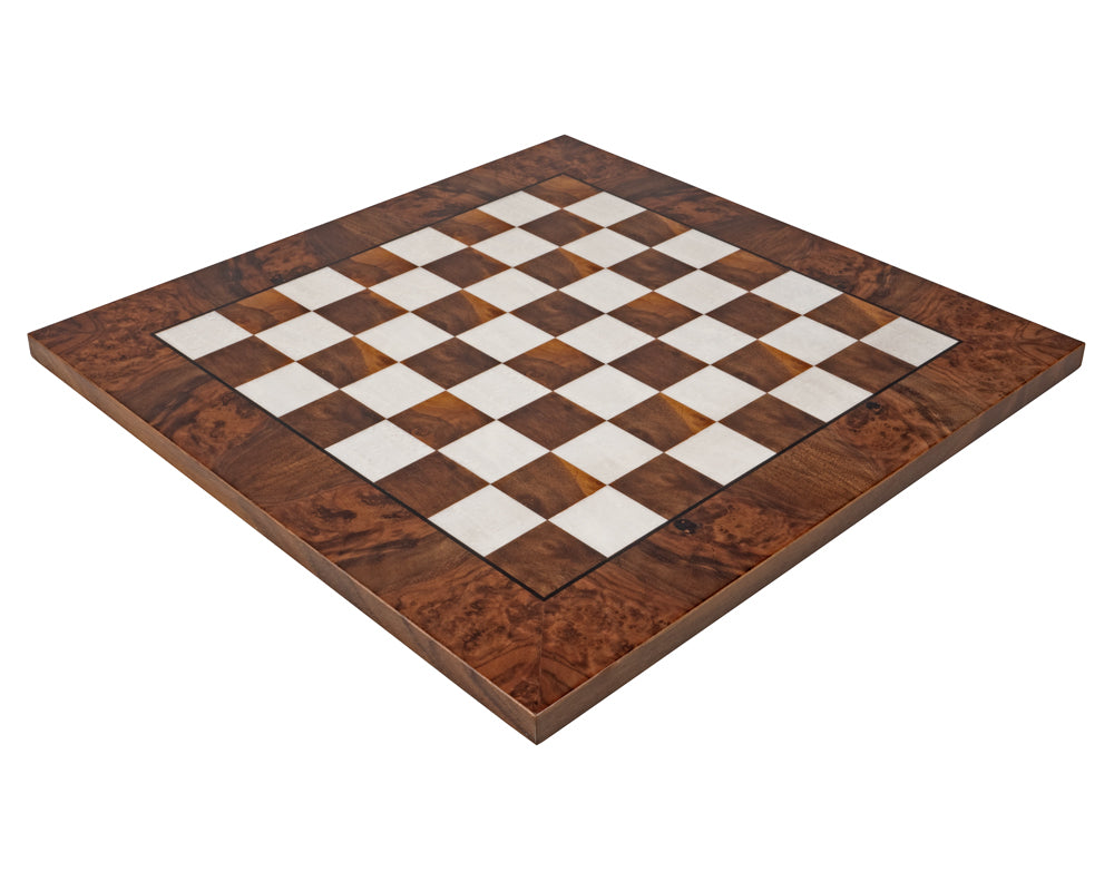 17 Inch Dark Walnut and Elmwood Luxury Chess Board with premium wood finish.