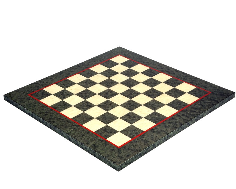 Luxury 16.75 inch olive green erable and elm wood chess board with high gloss lacquer finish and 1.55 inch playing squares crafted in Italy