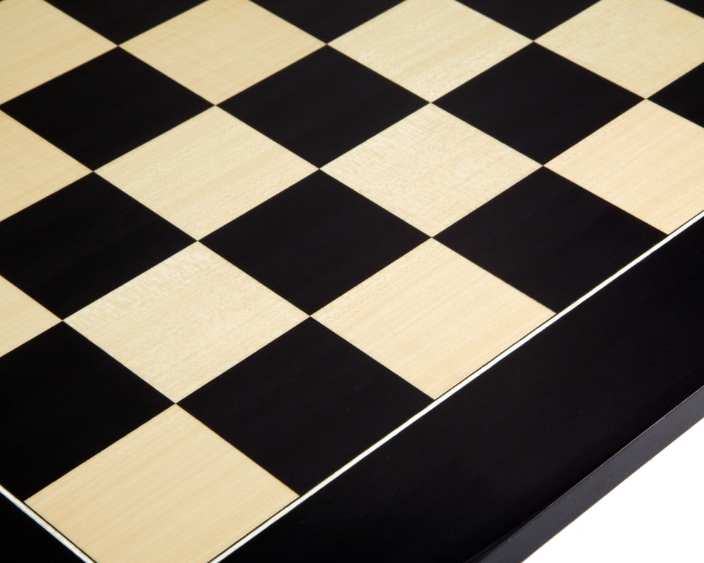 23.6 Inch Gloss Black Anegre and Maple Deluxe Chess Board showing high-grade veneer construction and 2.36 inch playing squares