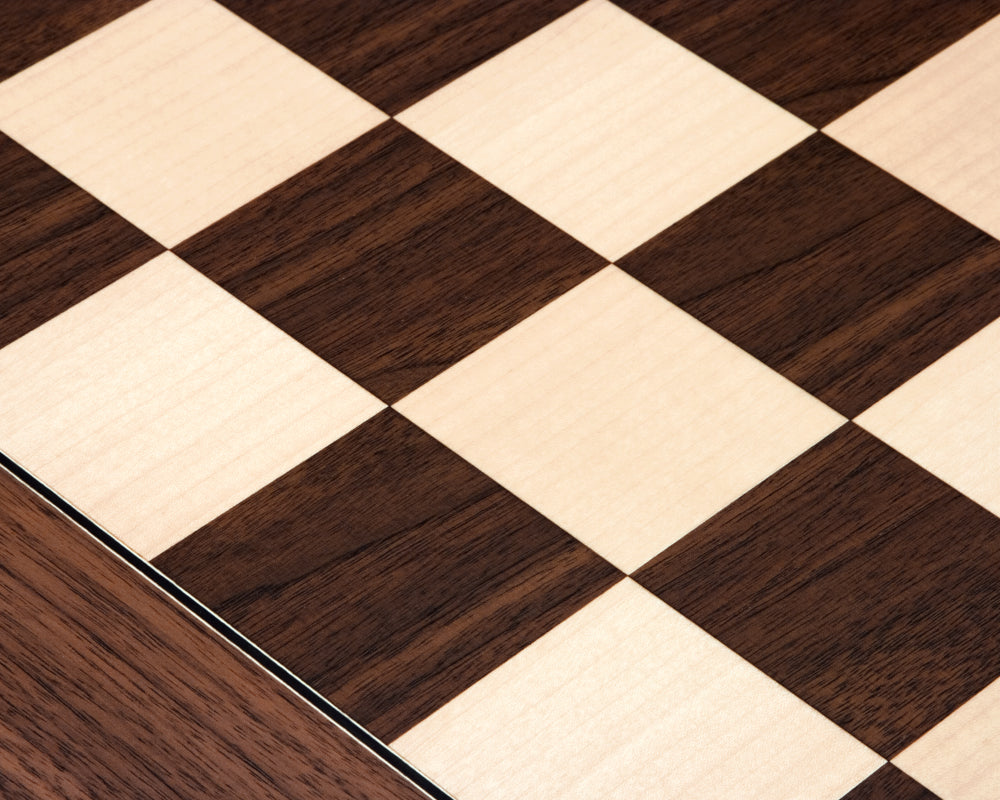 Close-up of 23.6 Inch Montgoy Palisander and Maple Deluxe Chess Board with 2.36 Inch playing squares, showcasing fine craftsmanship and elegant design.