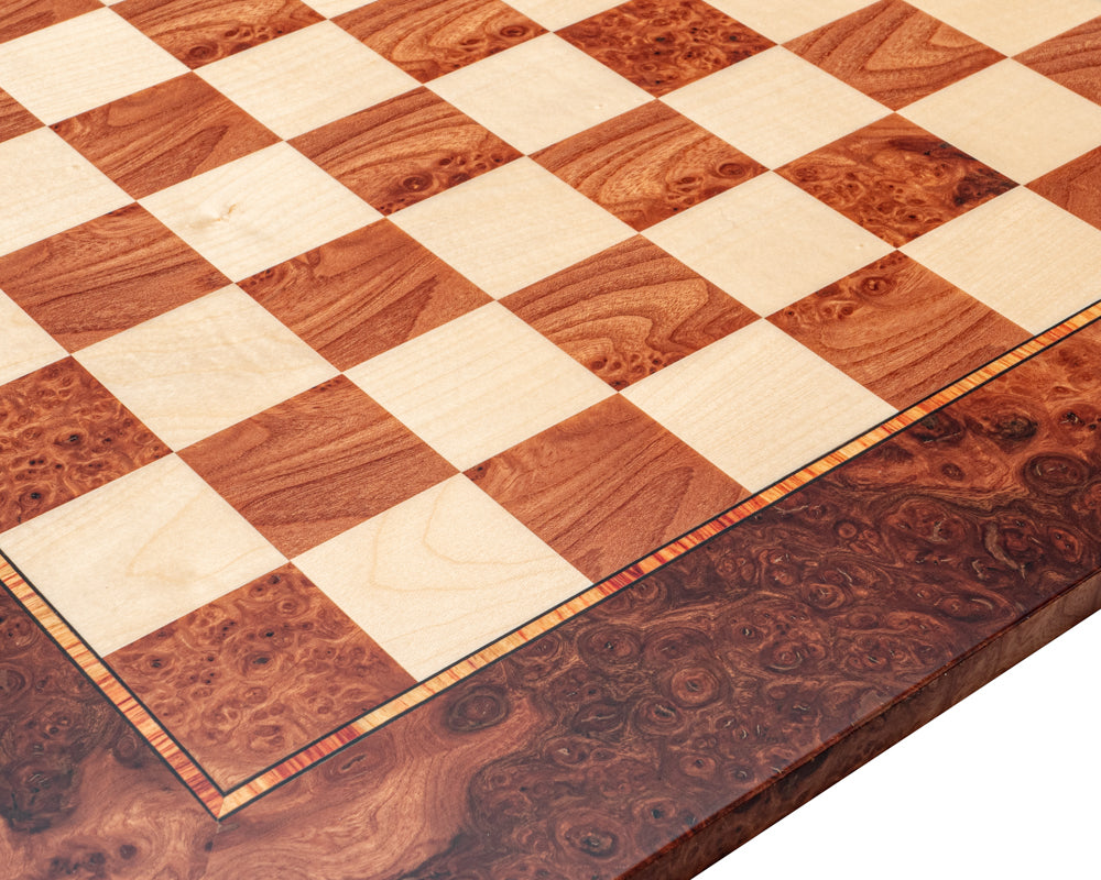 17.3 Inch Mastellone Giuseppe Elm Wood Inlaid Chess Board, crafted in Italy with Elm Burl and Maple veneers, featuring 1.57 inch playing squares.