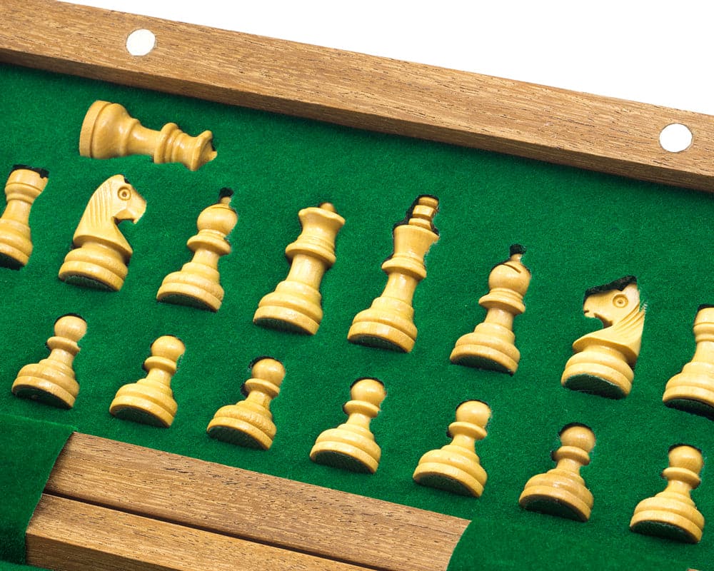 Deluxe Hardwood Folding Travel Chess Set miniature wooden pieces on green velvet board.