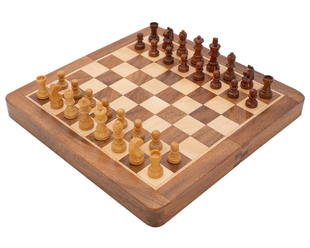 Juego de ajedrez de lujo de madera maciza, plegable y magnético, para viaje, 25 cm