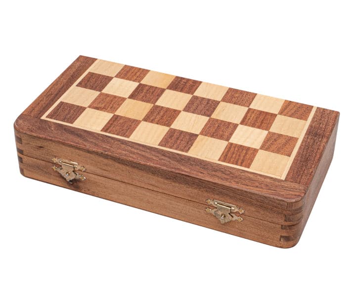 10 inch magnetic folding wooden chess set with Staunton style chessmen and felt-lined storage compartments in a closed clamshell design.