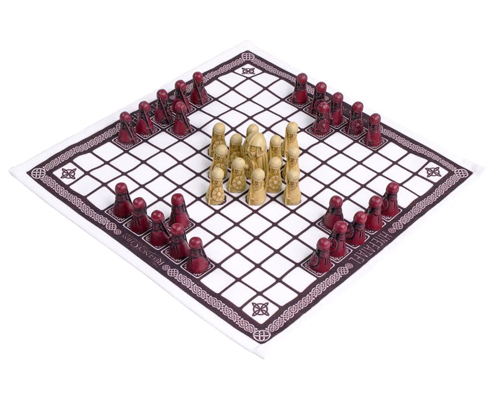 Hnefatafl Viking game Cardinal Edition with white king, white defenders, and red attackers on a screen-printed linen playing surface