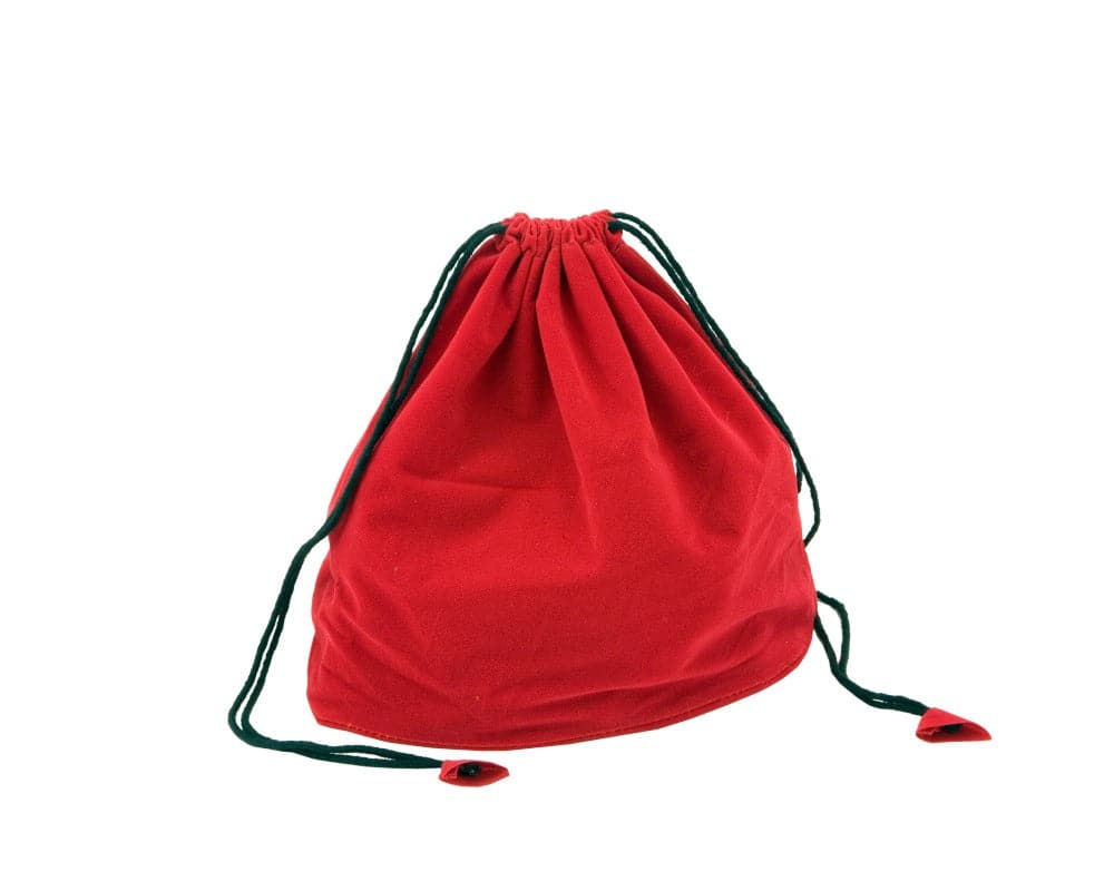 Red drawstring chess piece bag made from corded fabric with color-coordinated tassels for storing chess pieces safely and quickly