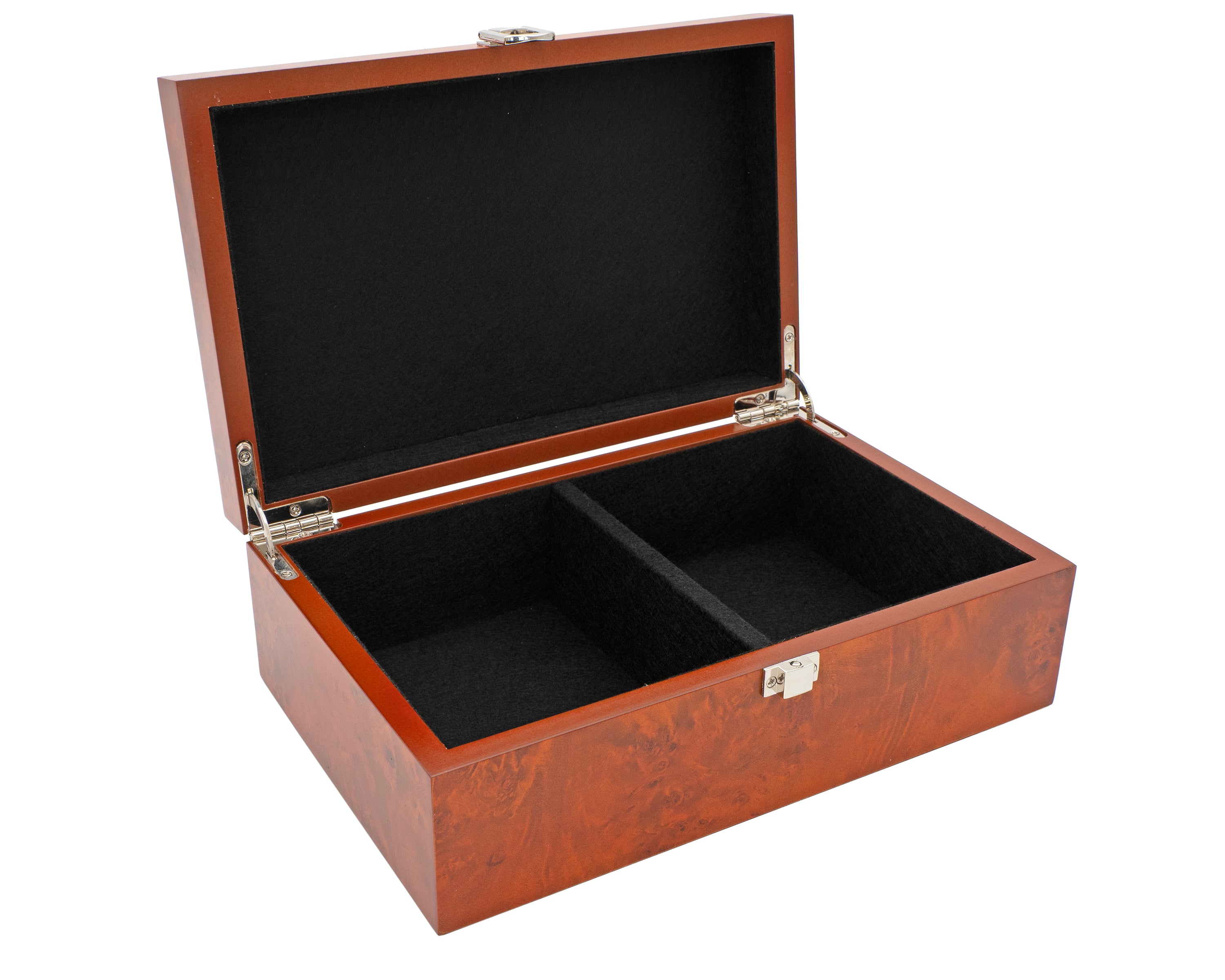 Estuche para piezas de ajedrez en madera de raíz (burl) con tapa con bisagras - Pequeño