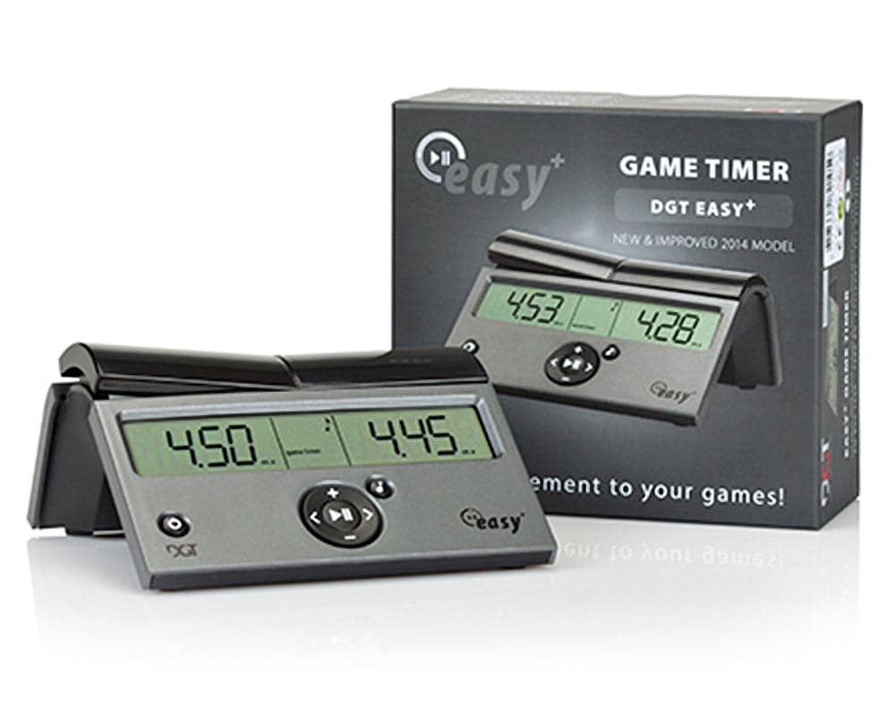 DGT 10104 EASY PLUS Chess Clock with sturdy design, large display, and individual player time settings, shown with packaging box.