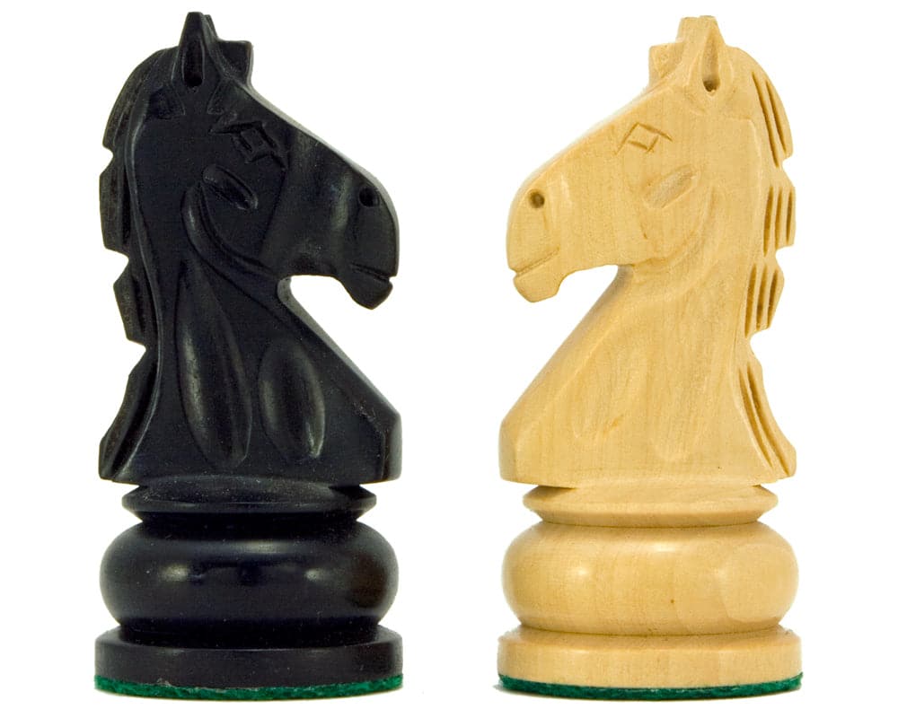 Ebonised and boxwood knight chess pieces from the Emerald Series, 3.25 inches, hand turned and weighted