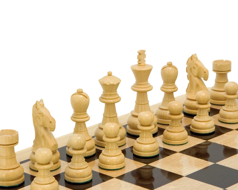 Emerald Series Ebonised Boxwood Chess Pieces on chessboard, featuring individually hand-turned and weighted pieces, ideal for 18-19 inch boards