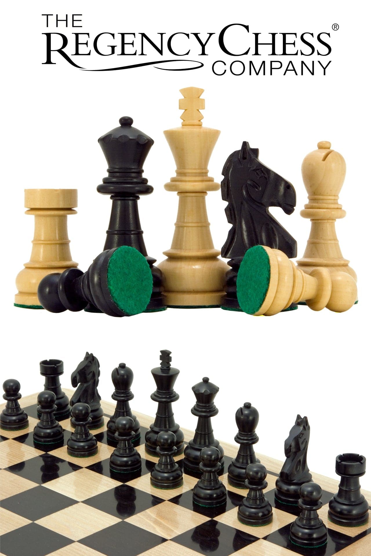 Emerald Series Ebonised Boxwood Chess Pieces 3.25 Inches displayed on a chessboard by The Regency Chess Company