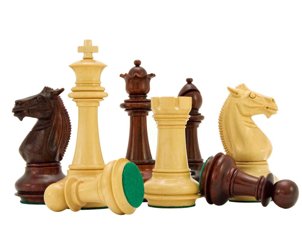 Luxury Templar Series Rosewood and Boxwood Chess Pieces with Weighted Bases and Billiard Cloth Covers.