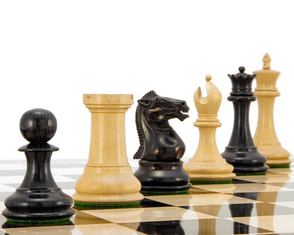 Sovereign Series Ebony and Boxwood Chessmen 3 Inch Staunton pieces on chessboard, beautifully crafted and weighted for balance