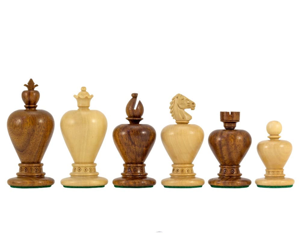 Golden Rosewood Carved Chessmen - Apple Series, finely crafted with distinctive shape, featuring a 3.5 inch king, ideal for 18 inch chessboards