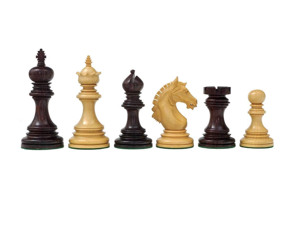 Luxury Staunton Garvi rosewood chess pieces intricately carved, including king, queen, bishop, knight, rook, and pawn on white background.