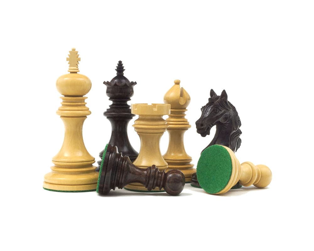 Luxury Staunton Garvi 4.25 inch Rosewood Chessmen with intricate carvings and weighted bases covered in billiard felt