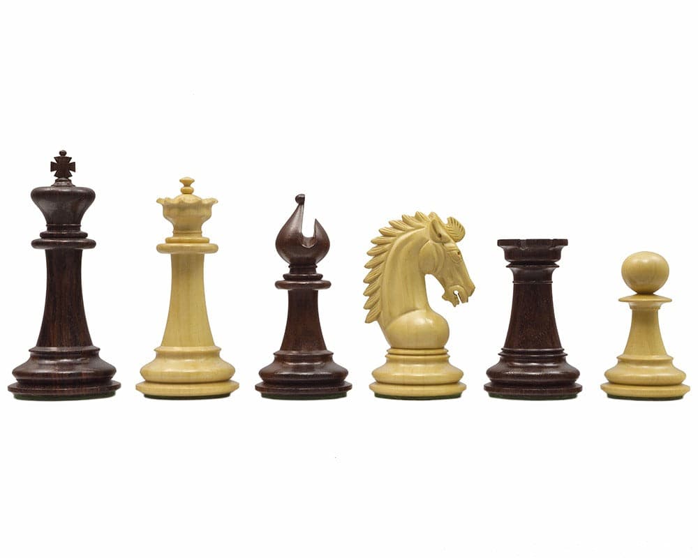 The Sheffield Knight Rosewood Chessmen 3.75 inch set with ornate knight and billiard cloth bases