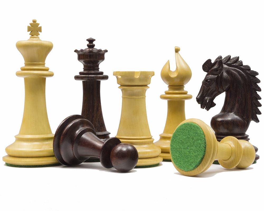 The Sheffield Knight Rosewood chess pieces set featuring the ornate 3.75 inch King, two additional Queens, and eye-catching knight design