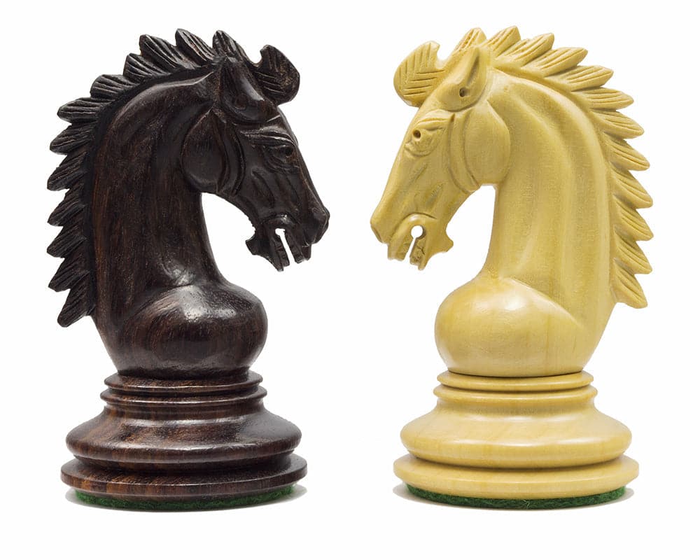 Ornate Rosewood and light wood knight chess pieces from the Sheffield Knight Rosewood Chessmen set featuring detailed craftsmanship.