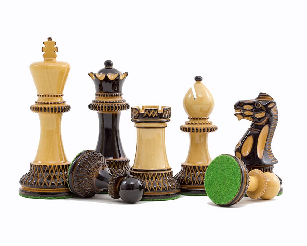 Burnt Parker Chessmen 4 inch, Staunton style, burnt Boxwood with intricate carvings, 4 inch king, weighted, ideally for 20 inch board.