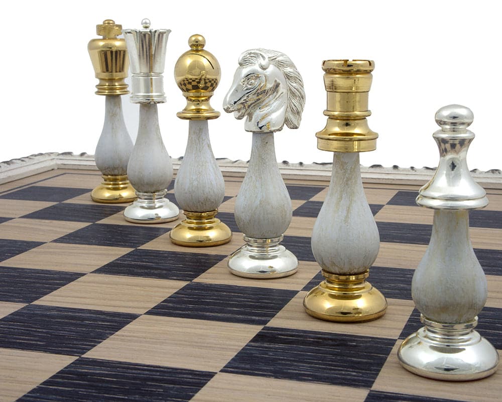 The San Severeo 24 Carat Gold and 990 Silver Plated 3.75 inch Chessmen on Chessboard