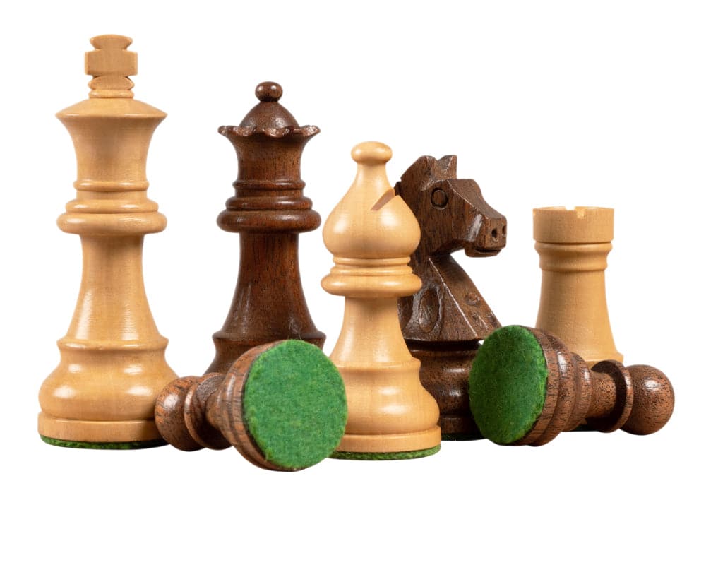 Down Head Acacia 3 inch chess pieces with green billiard cloth bases, ideal for chess boards from fourteen to sixteen inches