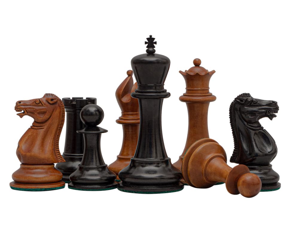 Reproduction Staunton Chessmen 1849 Model in Antiqued Boxwood and Ebony 4.4 inch King Set