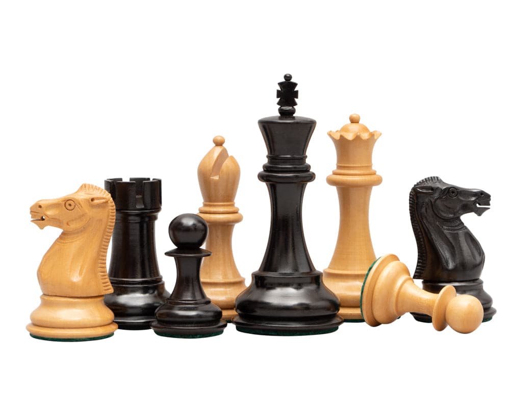 Traditional Staunton chess pieces, The Abingdon 3.5 inch Ebonised Chess Men, beautifully carved boxwood, displayed with 3.5 inch king.