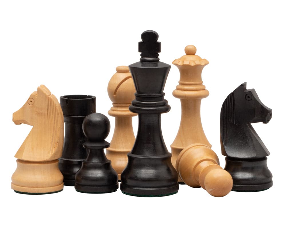 Down Head Ebonised Chess Men 3.75 inch set with black and natural wooden pieces beautifully crafted in Greece.