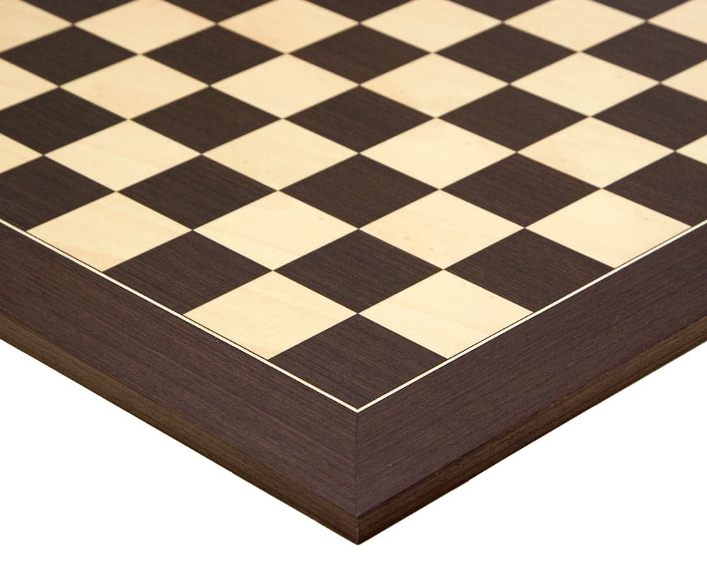 Close-up of the Oxford Series Black and Wenge Staunton chessboard, featuring a 19.7-inch wenge and maple design.