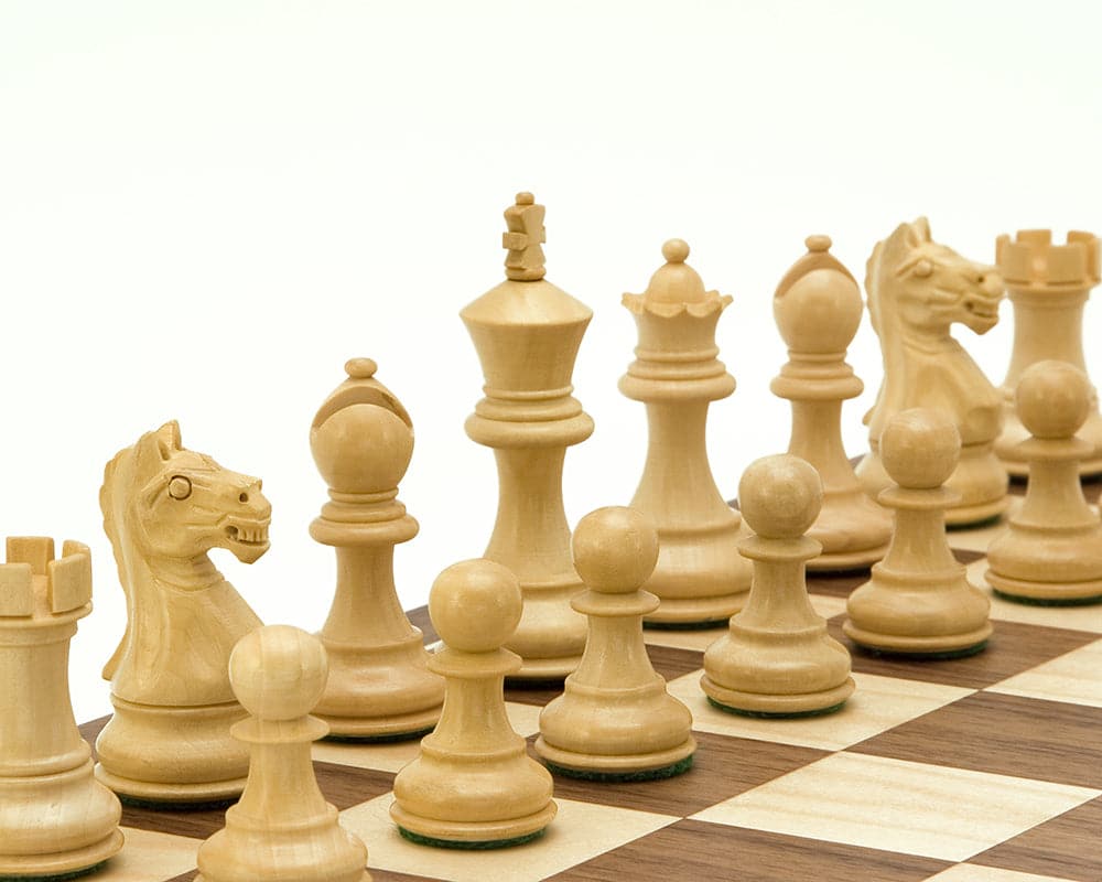 Fierce Knight Tournament Chess Set with detailed double-weighted chessmen arranged on a chessboard