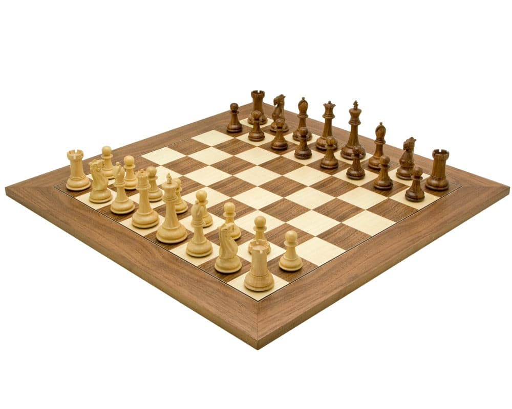 Victoria Sheesham Deluxe Staunton Chess Set on a walnut chessboard, featuring expertly crafted and double weighted Staunton chess pieces.